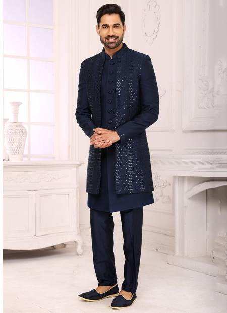 Navy Blue Party Wear Jacquard Nawabi Indo Western Collection 1134